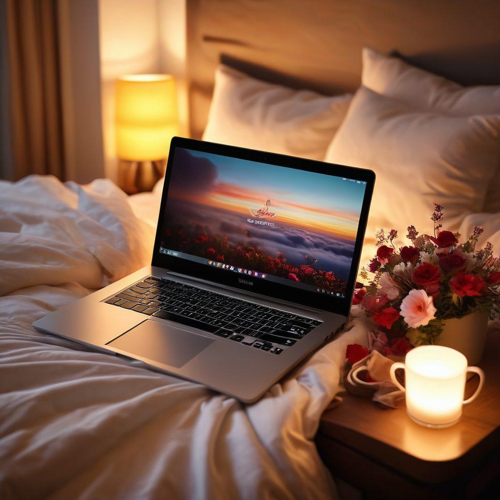 A sensual and inviting scene featuring an open laptop on a cozy bed with soft, plush bedding, warm ambient lighting casting a seductive glow, and tasteful adult-themed décor creating a playful atmosphere. Include a coffee cup and a few scattered flower petals for an intimate touch. super-realistic. warm tones. intimate setting.