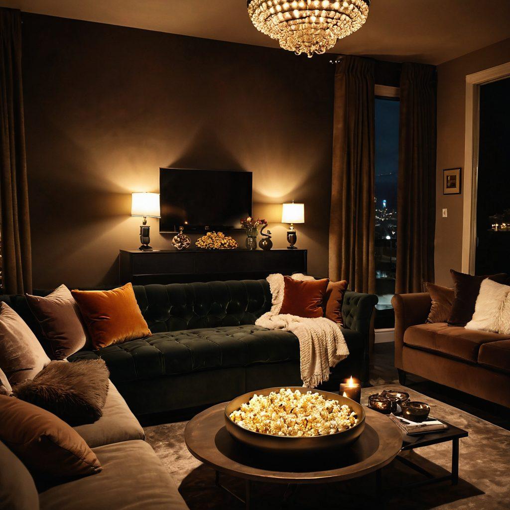 A captivating scene featuring an elegant, dimly lit room with plush velvet furnishings, set for an intimate movie night. Soft, warm lighting creates an inviting glow, while a selection of sensual video covers fan out on a stylish coffee table. Cozy blankets and a bowl of popcorn add a touch of comfort, suggesting a perfect evening ahead. Emphasize a feeling of warmth and allure. super-realistic. warm tones. ambient lighting.